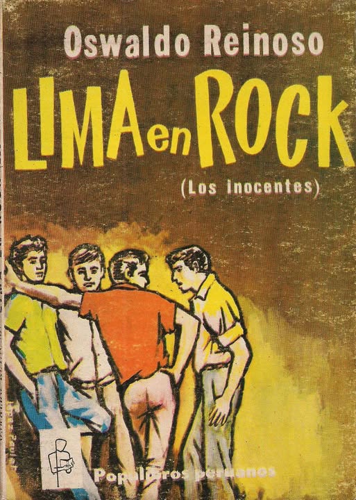 Portada de Lima en Rock, edición de Populibros de Los inocentes. Cuatro adolescentes conversan en un entorno urbano, bajo el título en letras doradas.